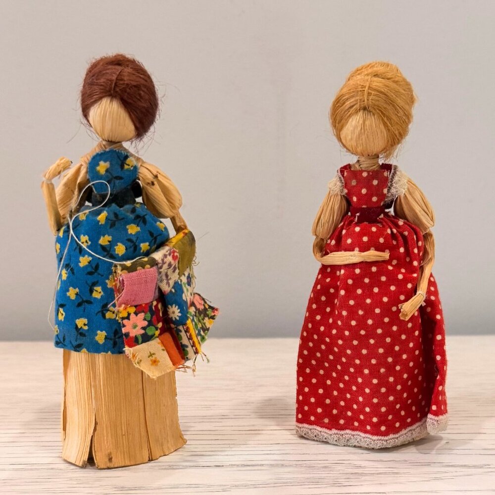 Vintage Lot of 2 Corn Husk Dolls Folk Art Primitive Sewing Girl Pregnant Lady